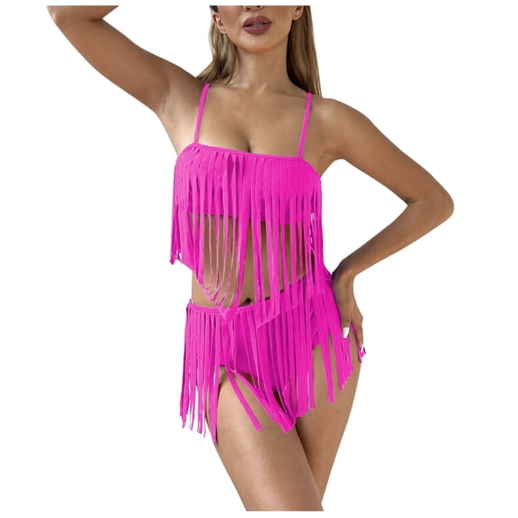 Efsteb Swimsuits for Women 2025 Fringe Bikini Sets for Women 2 Piece Tassel Swimsuit Summer Beach Bathing Suit Vacation Swimwear (Hot Pink,S)