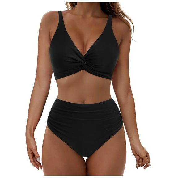 Efsteb Swimsuits for Women 2025 Women High Waisted Bikini Sets Ruched Two Piece Swimsuit Twist Front Cut Out Adjustable Straps Bathing Suit (Black,S)