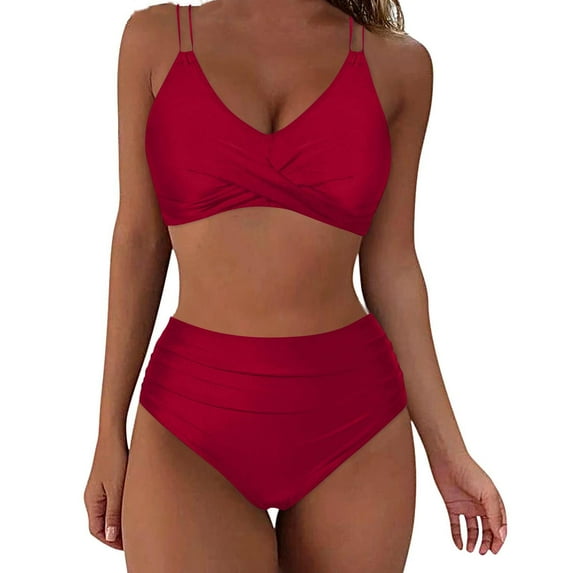 Efsteb Swimsuits for Women 2025 Women's High Waisted Bikini Sets Push Up Twist Front Spaghetti Straps Ruched Two Piece Swimsuit Bathing Suit (Watermelon Red,S)