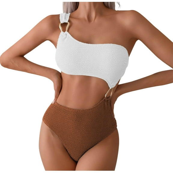 Efsteb Swimsuits for Women 2025 Women's Ribbed Bikini Sets One Shoulder Top Two Piece Swimsuits Textured Adjustable Strap Cheeky Bathing Suit (Khaki,L)
