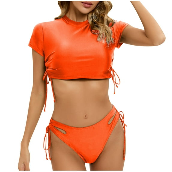 Efsteb Trendy Bikini Sets for Women Drawstring Bikini Set Srting Swimsuit Short Sleeve Top and Tie Side Bottom 2 Piece Swimsuit Swimwear (Orange,S)