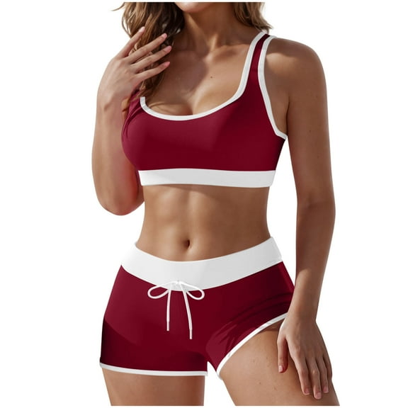 Efsteb Trendy Bikini Sets for Women Women's Sporty Two Piece Swimsuits with Shorts Color Block Bathing Suits Summer Beach Tankini Swimwear (Wine,S)