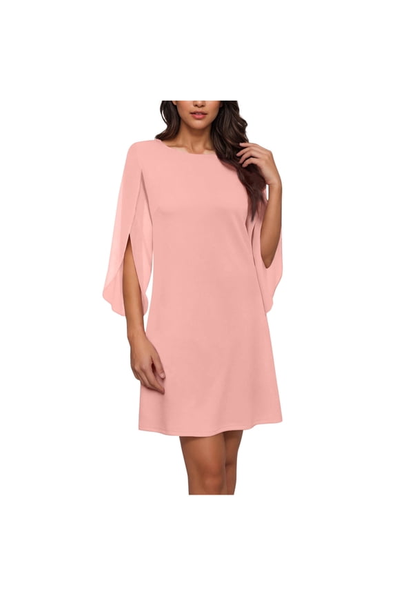 Trendy Dresses for Women 2026 Crew Neck Flutter Sleeve Cocktail Dress Chiffon Formal Wedding Guest Party Short Dresses Solid Color Resort Dress Loose Short Sleeve ,Size:S