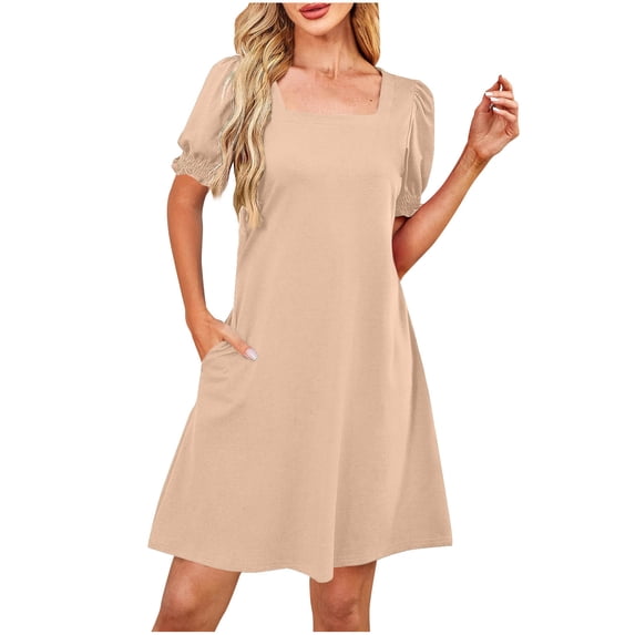 Efsteb Trendy Dresses for Women 2026 Spring Square Neck Loose Fit Square Neck Puff Short Sleeve Dress Solid Color Resort Dress Casual Short Sleeve ,Size:M