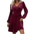 thumbnail image 1 of Efsteb Trendy Dresses for Women 2025 Fall V Neck Long Sleeve Dress Velvet Wedding Guests Dress Elegant Party Formal Cocktail Dresses (Red,M), 1 of 9