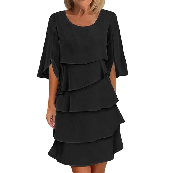 Efsteb Trendy Dresses for Women 2026 Resort Dress Tiered Cake Dress Loose Fit Short Sleeve Spring Crew Neck Casual Solid Color ,Size:XXL