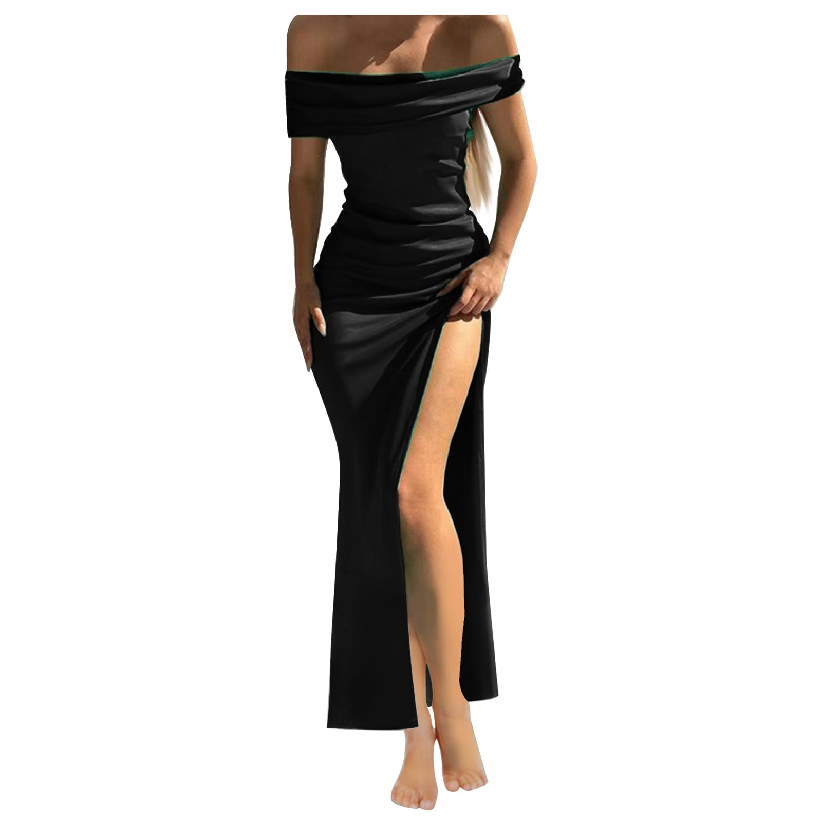 Trendy Prom Dresses for Women Formal Short Sleeve Dress Cocktail Party Solid Color Dress Elegant One Shoulder Side Slit Dresses Stretch Slim Bag Hip Long Dress Black L