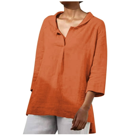 Efsteb Trendy Womens Tops Casual Loose Fit V-Neck Cotton and Linen Shirts Lightweight Solid Color Summer Comfy 3/4 Sleeve T Shirts Blouse Orange M