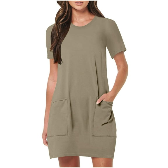 Efsteb Tshirt Dress for Women Casual Summer Beach Vacation Short Sleeve Shift Mini Dress with Pockets Boho Short Dresses （Khaki，L）