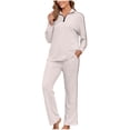 thumbnail image 1 of Efsteb Two Piece Sets for Women Fall Outfits Ribbed Knit Zipper Lapel Long Sleeve Pullover Long Pants Matching Set Travel Outfit (Beige,XL), 1 of 4