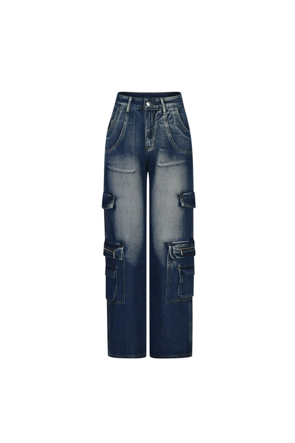 Wide Leg Sweatpants Women Button Zipper High Waist Pockets Denim Pants Solid Color Casual Wide leg Pants Trousers Pants for Women Sweatpants Pants for Women Loose Trousers Dark Blue L