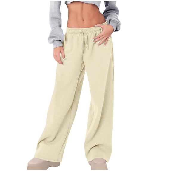 Efsteb Wide Leg Sweatpants Women Fall Fashion Sweat Pants Casual Solid Color Baggy Jogger Sweatpant with Pockets (Beige,S)