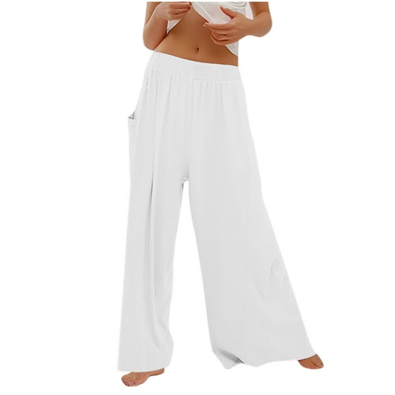 Efsteb Wide Leg Trousers Women Elastic Waist Baggy Pants Sweatpants Loose Comfortable Pants for Women Casual Wide leg Pants Trousers Pants for Women Solid Color Trousers White L