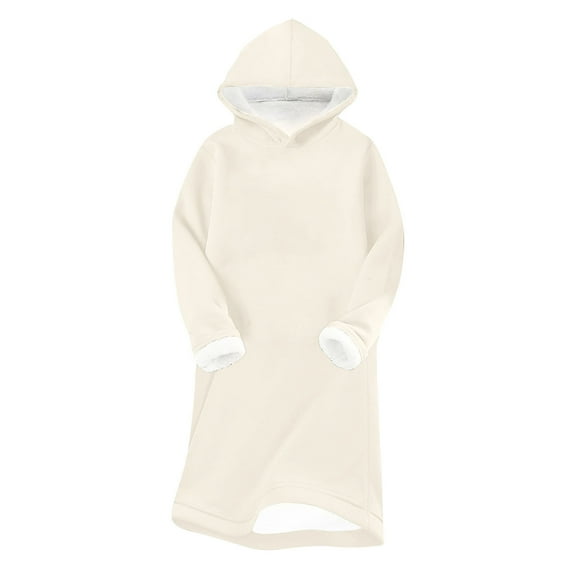 Efsteb Winter Fashion Dresses for Women 2025 Thick Fleece Dresses Long Sleeve Hoodies Dress Sweatshirt Thermal Dress (Beige,S)