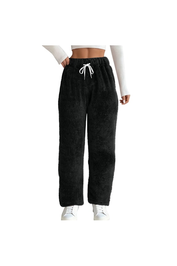Winter Pants for Women Plush Warm Pajama Pants Elastic High Waisted Drawstring Soft Fleece Sleep Pant with Pockets (Z01_Black,XXL)