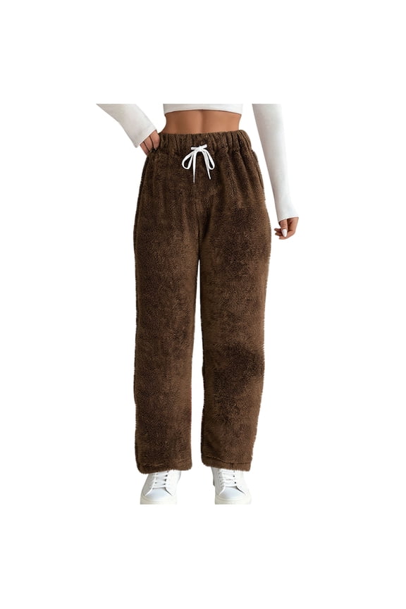 Winter Pants for Women Plush Warm Pajama Pants Elastic High Waisted Drawstring Soft Fleece Sleep Pant with Pockets (Z01_Brown,S)