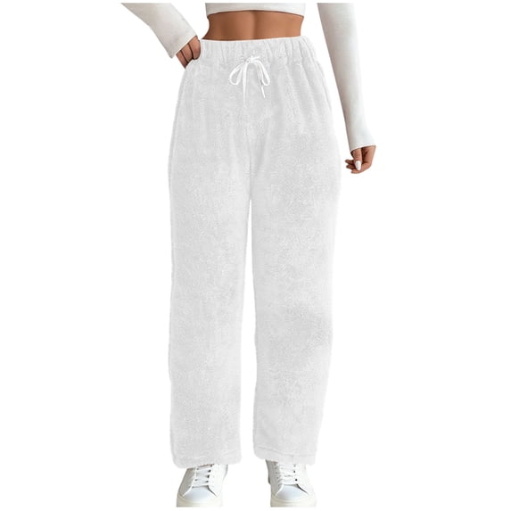 Efsteb Winter Pants for Women Plush Warm Pajama Pants Elastic High Waisted Drawstring Soft Fleece Sleep Pant with Pockets (Z01_White,S)