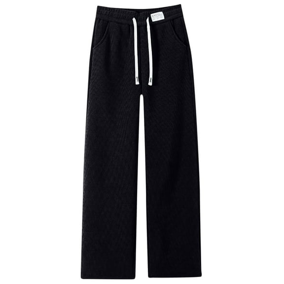 Efsteb Winter Pants for Women Sherpa Lined Sweatpants Drawstring Waistband Warm Wide Leg Athletic Jogger Fleece Pants with Pockets (Black,L)