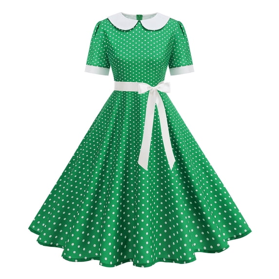 Efsteb Woman Dresses Summer 1950s Polka Dots Vintage Swing Dress Short Sleeve Peter Pan Collar Party Dress with Bow Belt (Green,L)