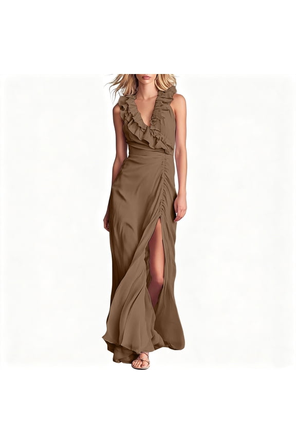 Woman Dresses Summer Solid Color Sleeveless V-Neck Ruffle Trim Maxi Dress Ruched Waist High Slit Elegant Formal Evening Dress for Party (Brown,XL)