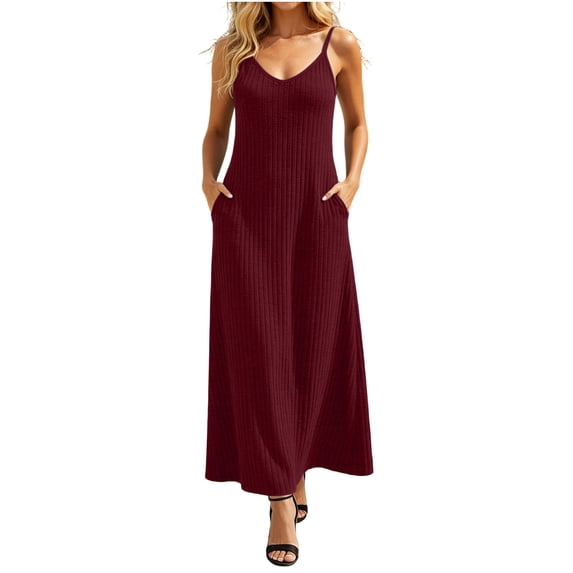 Efsteb Woman Dresses Summer Spaghetti Strap Ribbed Knit Maxi Dress Sleeveless V-Neck Casual Stretchy Comfortable Sundress with Pockets (Wine,XXL)
