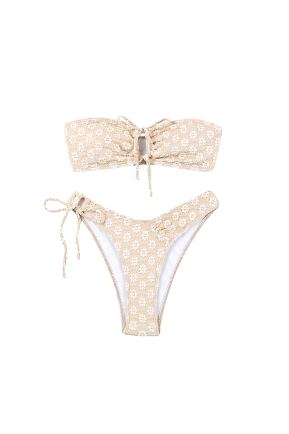 Women 2 Piece Bikini Set Floral Print Drawstring Bandeau Push-Up Padded Two Piece Bathing Suit Swimwear (Beige,M)