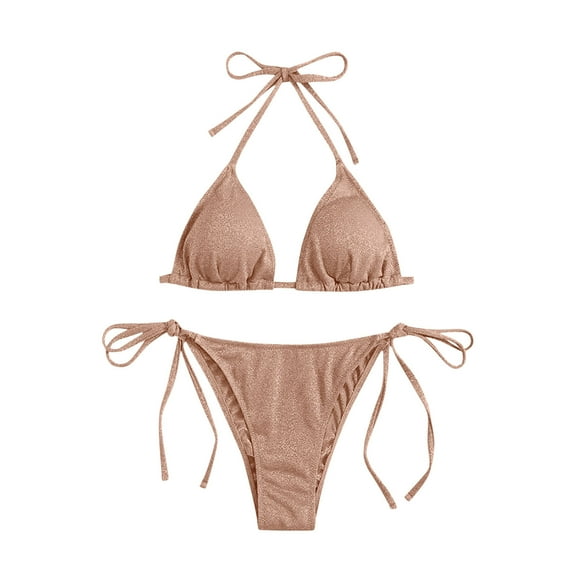 Efsteb Women 2 Piece Bikini Set Halter Backless Strap Two Piece Bathing Suit Solid Color Drawstring Split Swimsuit Set (Khaki,S)