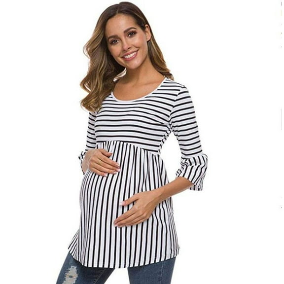 Efsteb Women 3/4 Sleeve Stripe Print Maternity Shirts Casual Round Neck Tunic Blouse Comfy Pregnancy Shirts Blouses (Black,M)