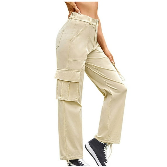 Efsteb Women Cargo Pants Button Baggy Pants Loose Sweatpants Pants for Women Comfortable Casual Wide leg Pants Trousers Pants for Women Solid Color Trousers Beige L