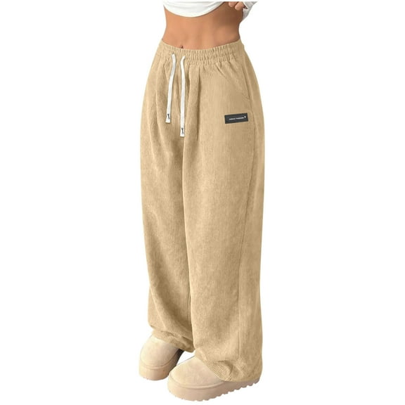 Efsteb Women Corduroy Pants Baggy Elastic High Waisted Wide Leg Drawstring Trousers Soft Comfy Fashion Lounge Pant (Beige,XXXL)