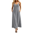 thumbnail image 1 of Efsteb Women Dresses Spaghetti Strap Ribbed Knit Maxi Dress Sleeveless V-Neck Casual Stretchy Comfortable Summer Sundress with Pockets (Gray,L), 1 of 8
