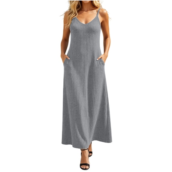 Efsteb Women Dresses Spaghetti Strap Ribbed Knit Maxi Dress Sleeveless V-Neck Casual Stretchy Comfortable Summer Sundress with Pockets (Gray,L)