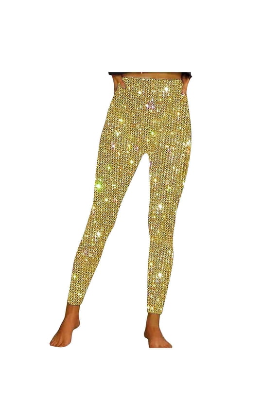 Women Leggings High Waist Sequin Yoga Pants Stretch Tight Fitness Running Gym Sports Yoga Pants Glitter Print Pants for Women Leggings Pants Yellow XL