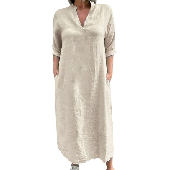 Efsteb Women Maxi Dress Spring 3/4 Sleeve V Neck Vacation Dress Casual Solid Color Beach Shift Dress with Pocket (Beige,XXL)