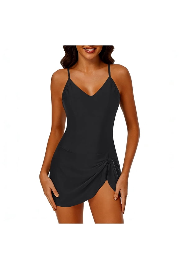 Women One Pieces Swimsuits Crinkle Side Tie Beachwear Swimwear Bikini Bathing Suit Solid Color Vintage (Black,S)