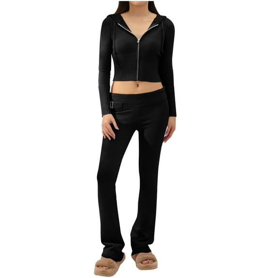 Efsteb Women Ribbed Knit 2 Piece Outfits Long Sleeve Zip Up Hooded High Waist Wide Leg Skinny Pants Set Loungewear (Black,L)