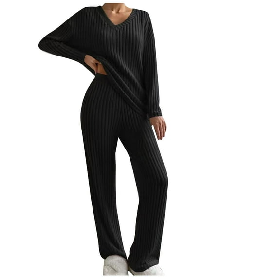 Efsteb Women Sets 2 Piece Outfits Casual Solid Color V Neck Long Sleeve Pullover Tops Wide Leg Pants Lounge Sets (Black,XL)