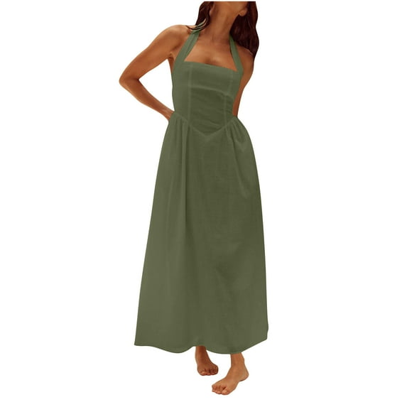Efsteb Women Summer Sleeveless Tank Maxi Dress Sundress Solid Color Casual Flowy Wedding Guest Cocktail Beach Vacation Dresses (Army Green,L)