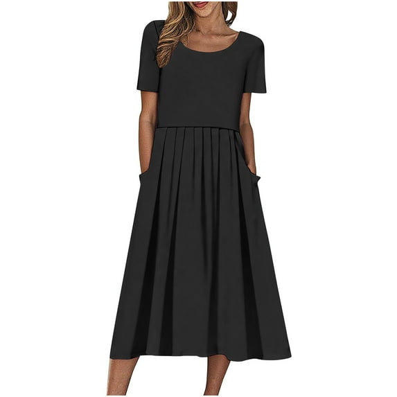 Efsteb Women Summer Vacation Maxi Dress Casual Fashion Daily Sundress Round Neck Solid Color Short Sleeve Shirt Dresses with Pockets (Black,L)