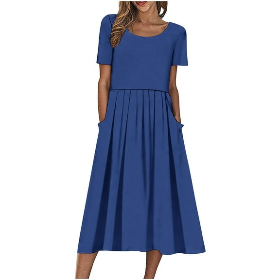 Efsteb Women Summer Vacation Maxi Dress Casual Fashion Daily Sundress Round Neck Solid Color Short Sleeve Shirt Dresses with Pockets （Blue，S）
