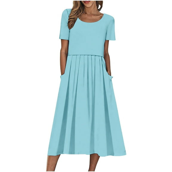 Efsteb Women Summer Vacation Maxi Dress Casual Fashion Daily Sundress Round Neck Solid Color Short Sleeve Shirt Dresses with Pockets (Light Blue,L)