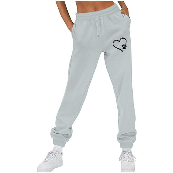 Efsteb Women Sweatpants Elastic Waist Drawstring Joggers Sweatpants Heart Print Casual Baggy Pants Running Sports Pants Trousers Gray XXL