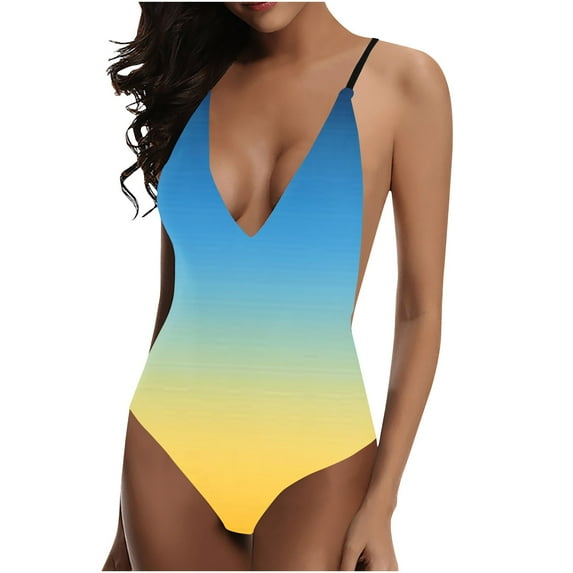 Efsteb Women Swimsuits 1 Piece Print Swim Swimsuits Beach Bikini Slim Summer V Neck Bathing Suit Swimwear (Yellow,XXXXL)
