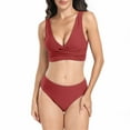 thumbnail image 1 of Efsteb Women Two Piece Bathing Suit V Neck Pleated 2 Piece Bikini Set Solid Color Split Swimsuit Swimwear (Red,XXL), 1 of 2