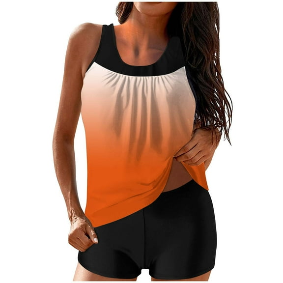 Efsteb Women Two Piece Tankini Swimsuit Gradient Bathing Suits Tank Top with Shorts Sporty Swimwear Bikini Sets (Orange,S)