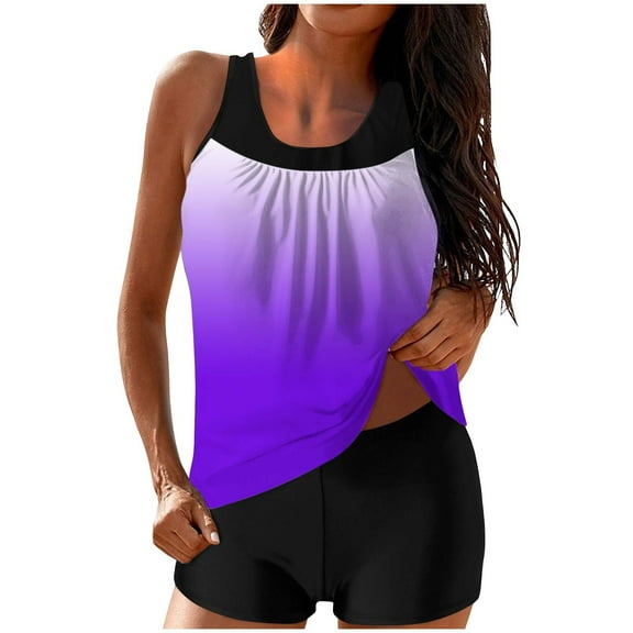 Efsteb Women Two Piece Tankini Swimsuit Gradient Bathing Suits Tank Top with Shorts Sporty Swimwear Bikini Sets (Purple,XXL)
