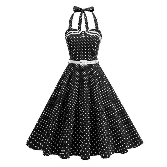 Efsteb Women Vintage Dresses Polka Dots Halter Cocktail Swing Dress Buttons 1950s Prom Sleeveless Evening Dress （Black，S）