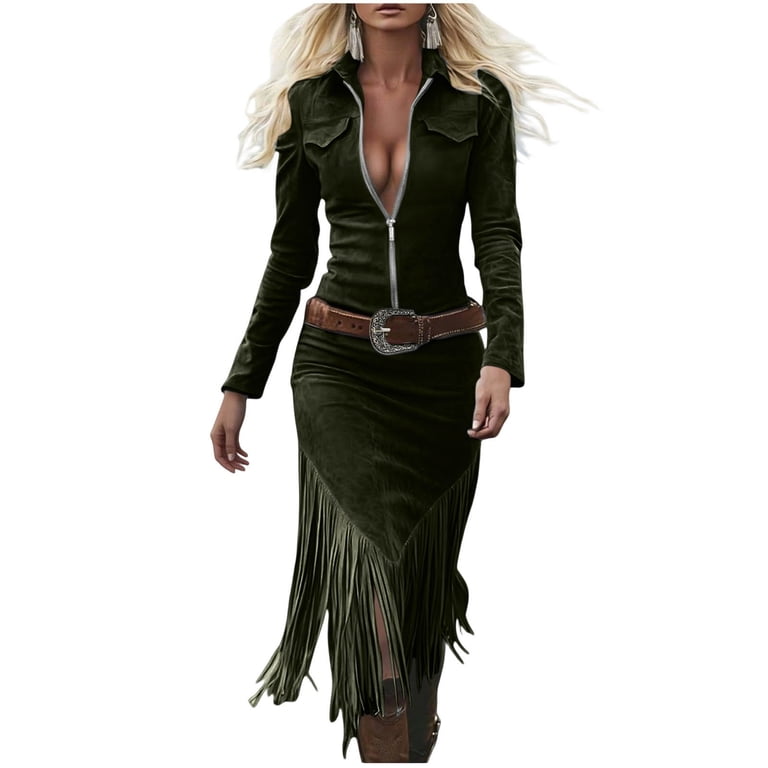 Efsteb Women Western Zip Up Fringe Midi Dress, Long Sleeve Bodycon Dress with Belt, Cowboy Style Lapel Party Dress (Army Green,M)