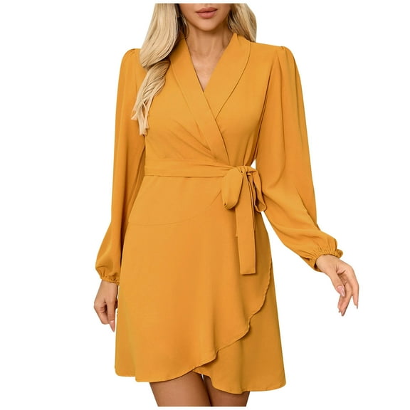 Efsteb Women Work Dresses V Neck Long Sleeve High Waist Tie Dress Business Casual Elegant Ruffle Swing Dresses (Yellow,XL)