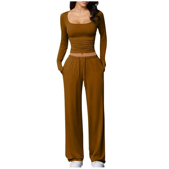 Efsteb Women's 2 Piece Outfits Long Sleeve Square Neck Crop Tops Wide Leg Tracksuits Casual Work out Set (Brown,L)
